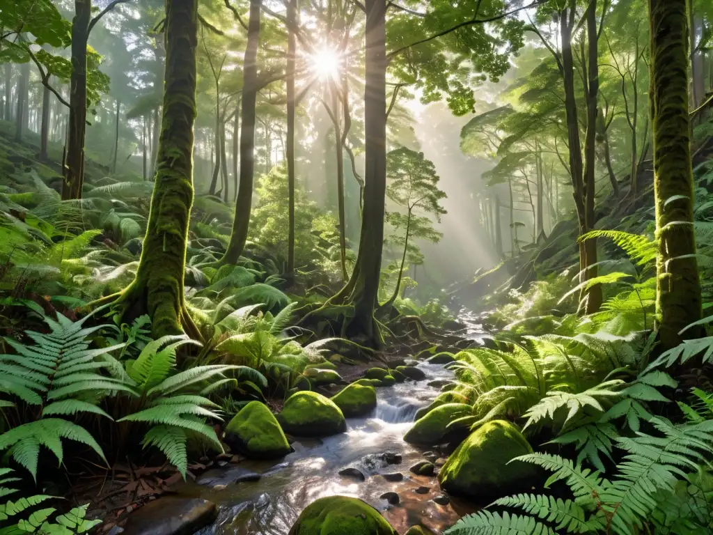 Un bosque exuberante y diverso, con árboles altos de hoja perenne y caducifolios