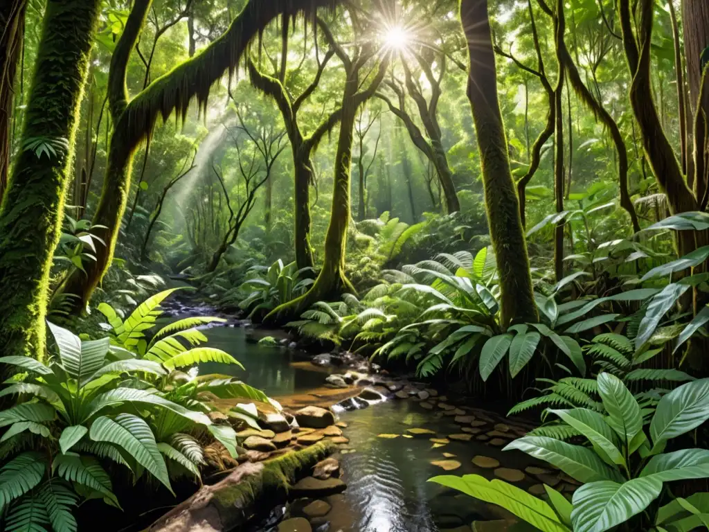 Un bosque exuberante y diverso, con un arroyo serpenteando entre la vegetación