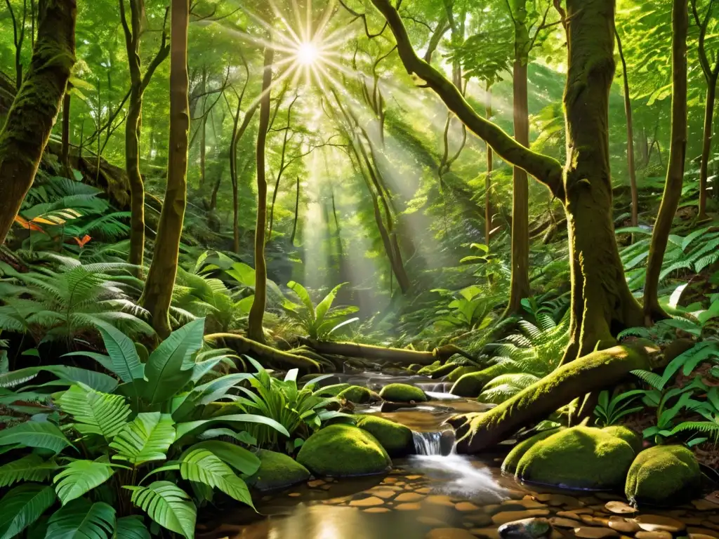 Un bosque exuberante y diverso, bañado por la cálida luz del sol