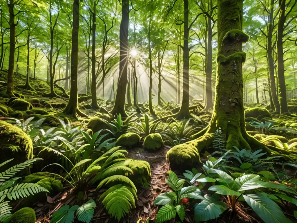 Un bosque exuberante y diverso en Europa, lleno de vida y color