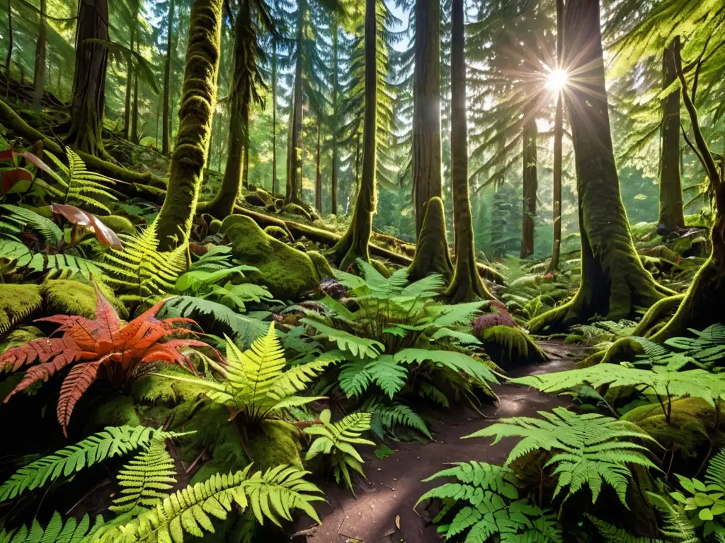 Un bosque exuberante y diverso, con luz solar filtrándose entre el dosel, resaltando la exuberante vegetación verde