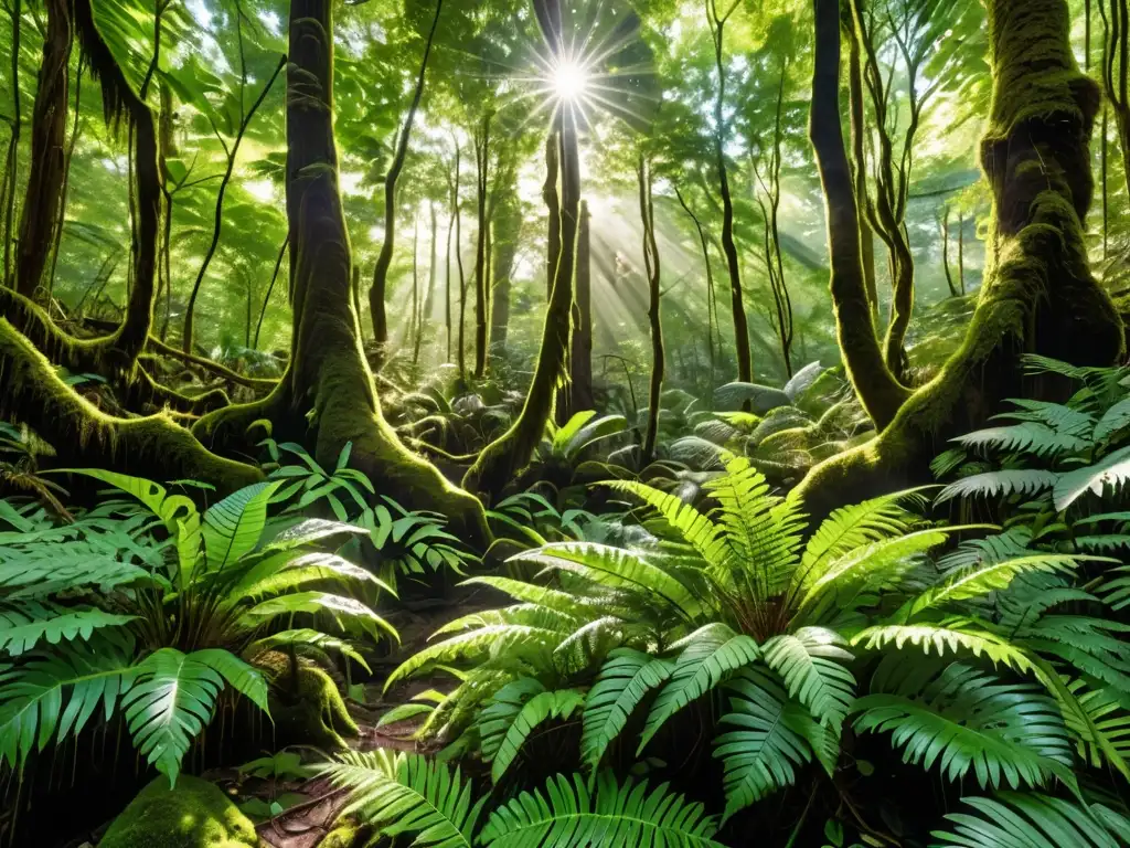 Un bosque exuberante y diverso con luz solar filtrándose a través del dosel, resaltando la vegetación vibrante