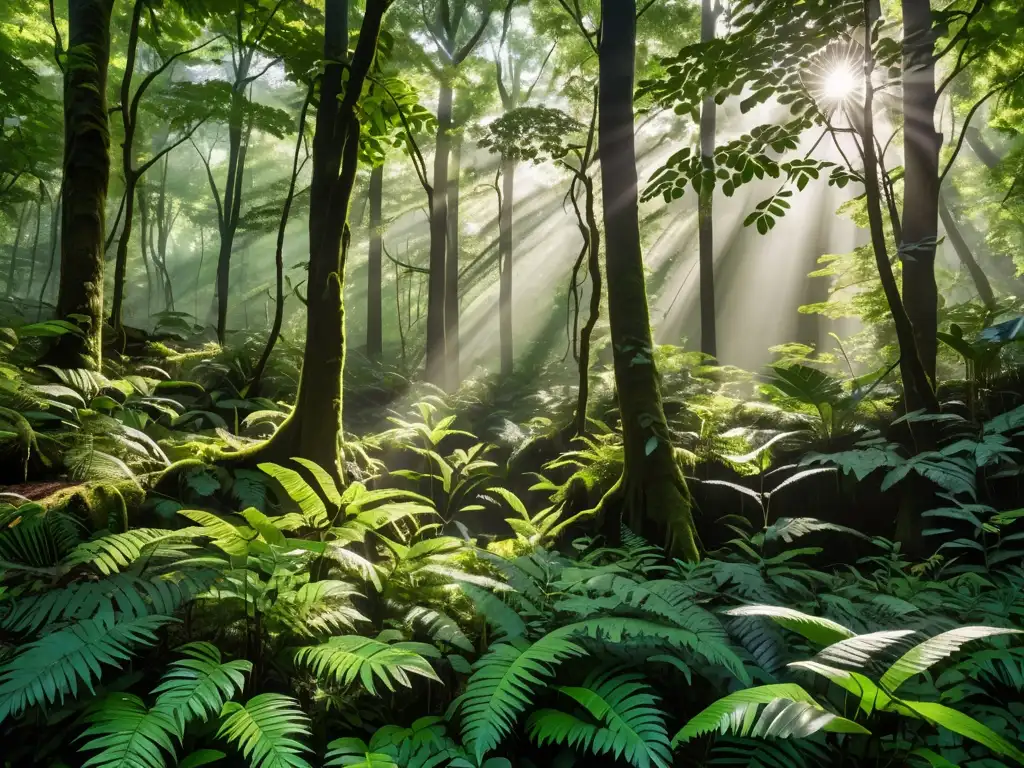 Un bosque exuberante y diverso, con luz solar filtrándose a través del dosel, creando un juego cautivador de luces y sombras