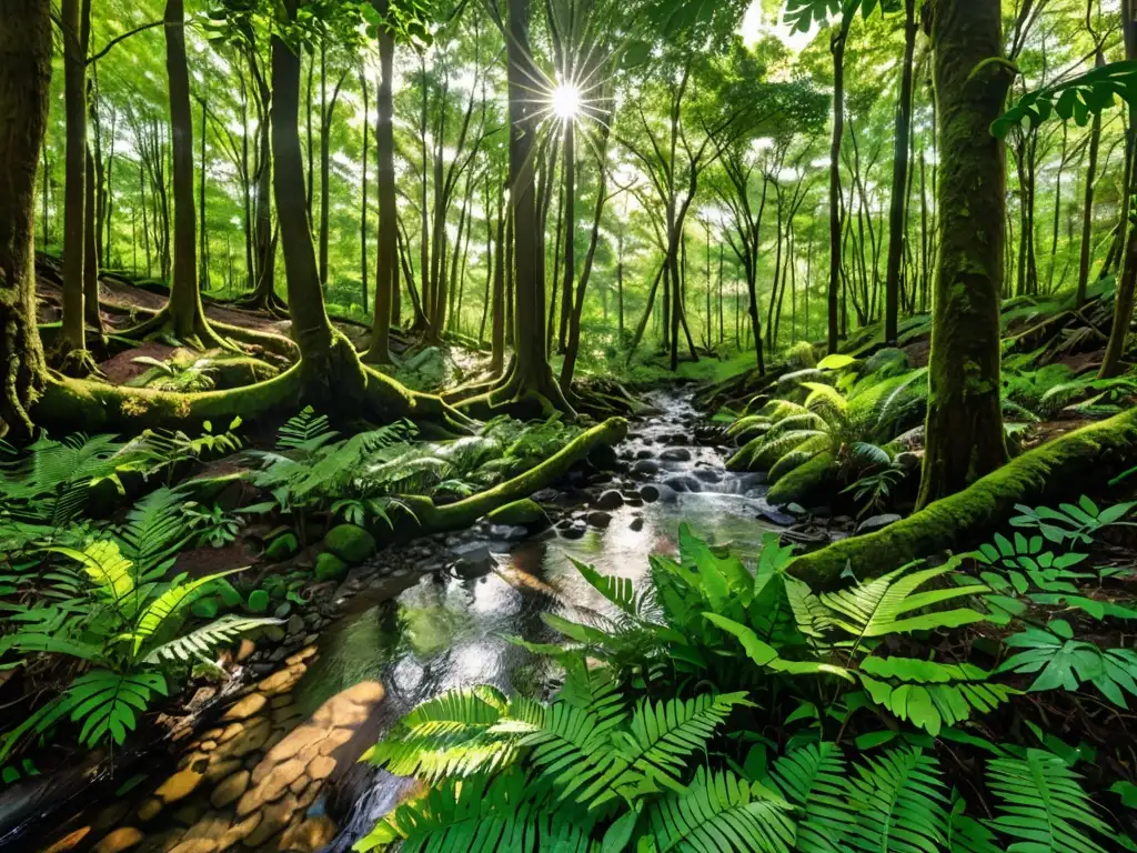 Un bosque exuberante y diverso con luz solar filtrándose entre las hojas, creando sombras en el suelo