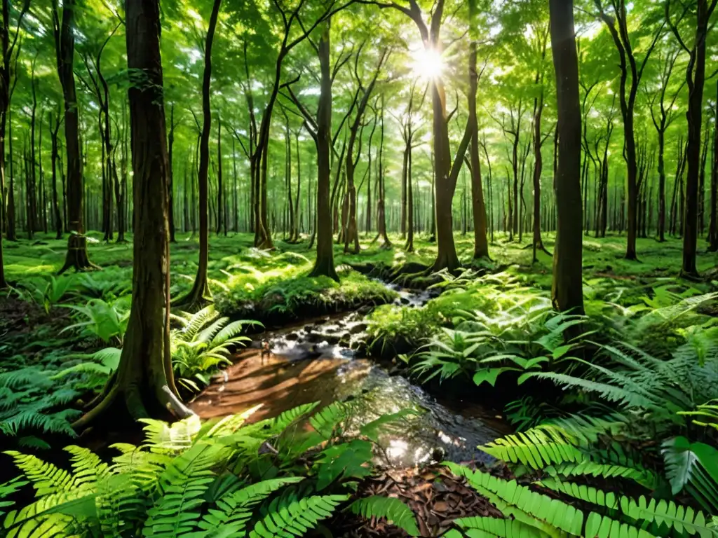 Un bosque exuberante y diverso, con rayos de sol filtrándose entre las hojas para crear un patrón hipnótico en el suelo