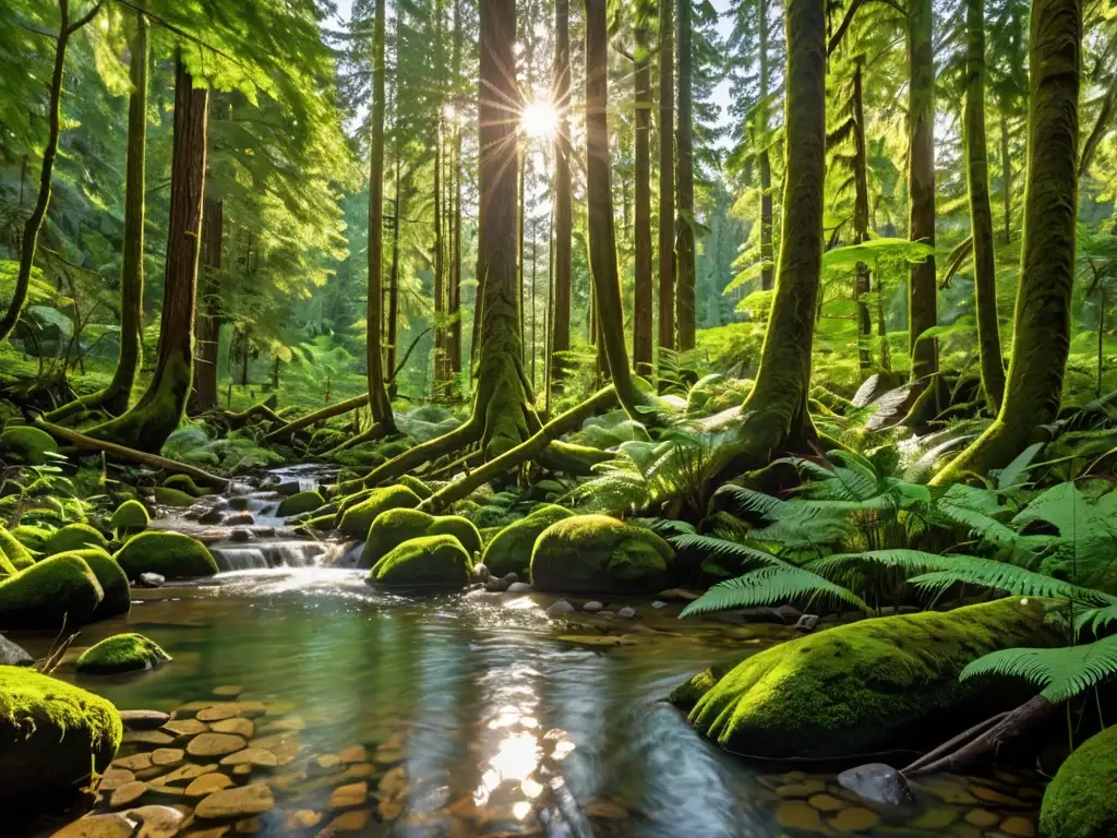 Un bosque exuberante y frondoso, con árboles altos que filtran la luz del sol