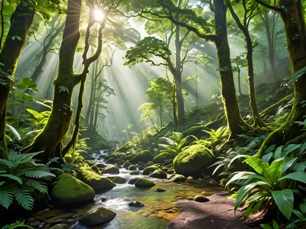 Un bosque exuberante y frondoso con árboles imponentes, follaje verde vibrante y una gran diversidad de vida vegetal y animal