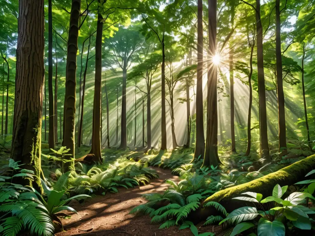 Un bosque exuberante lleno de vida silvestre y luz solar filtrada a través del dosel