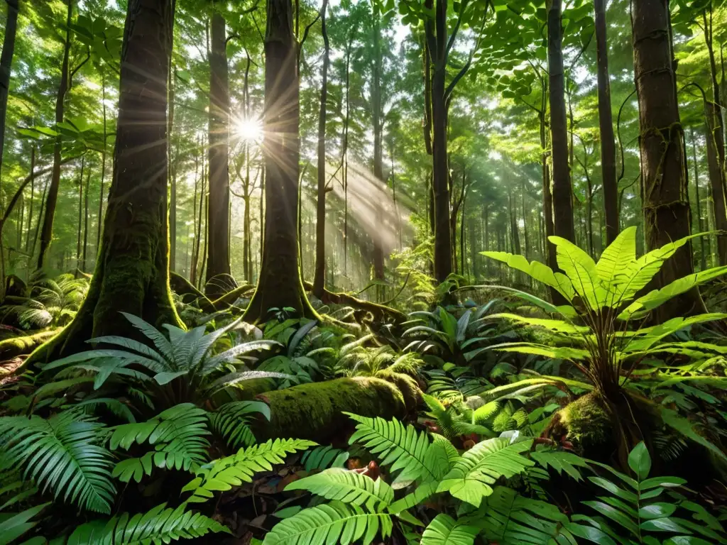 Un bosque exuberante lleno de vida, con luz solar filtrándose a través del dosel y creando hermosos juegos de luz y sombra en el suelo del bosque