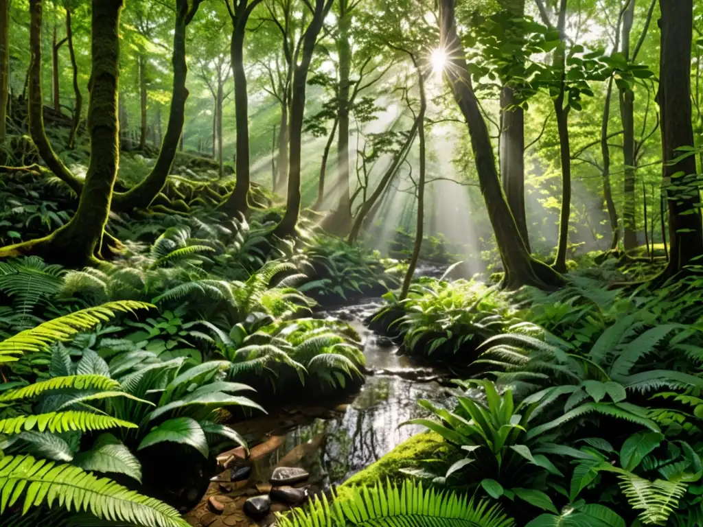 Un bosque exuberante con luz filtrándose entre el dosel