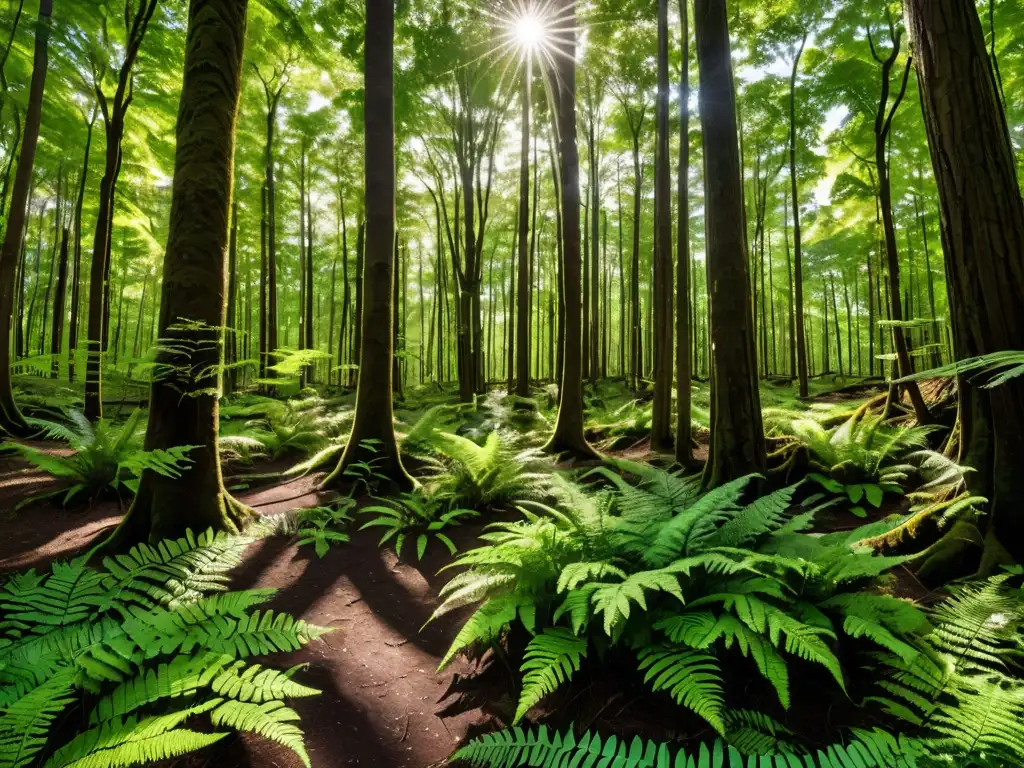 Bosque exuberante: luz y sombra en la naturaleza Un bosque exuberante con luz filtrada a través del dosel, destacando la diversa vida vegetal