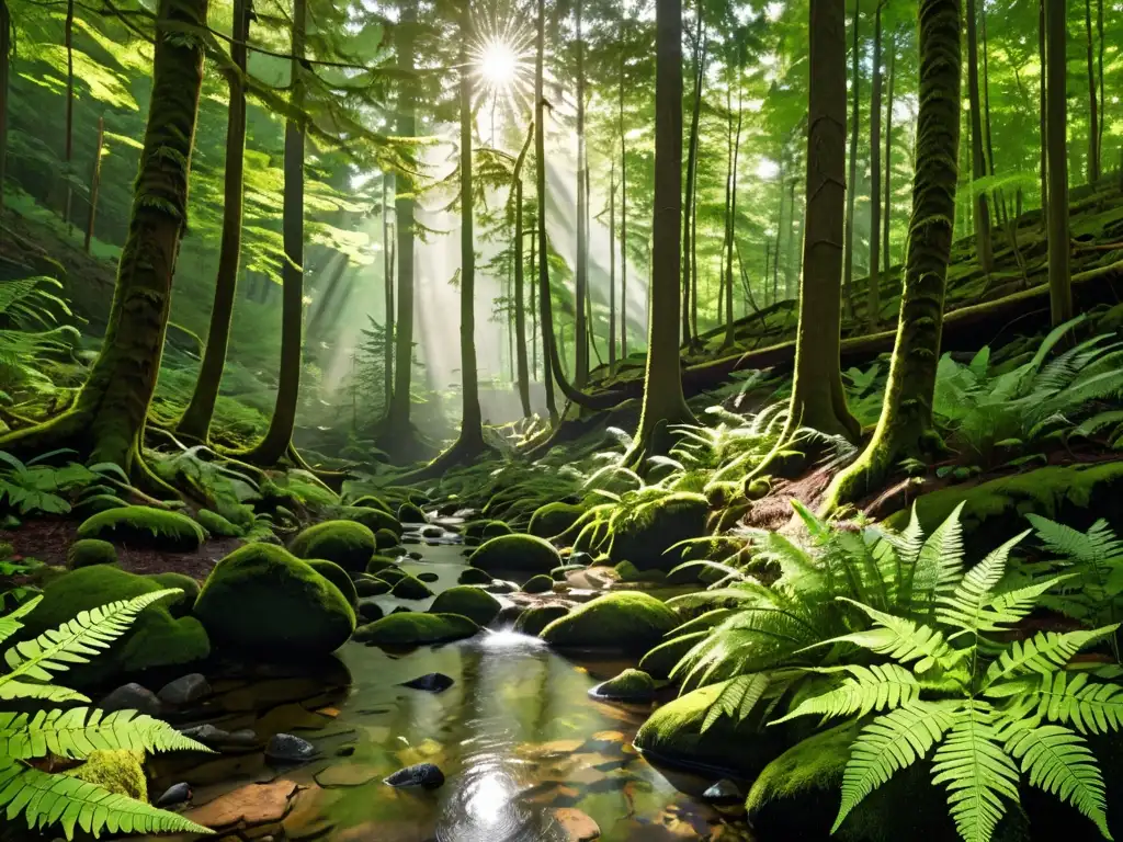 Un bosque exuberante con luz solar filtrándose entre el dosel, creando sombras moteadas