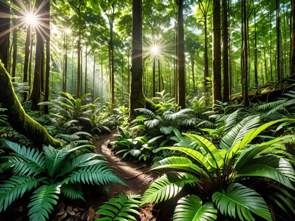 Un bosque exuberante con luz solar filtrándose a través del dosel, resaltando la diversa vida vegetal