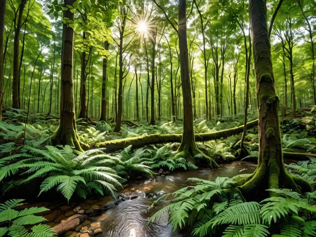 Un bosque exuberante con luz solar filtrándose a través del dosel