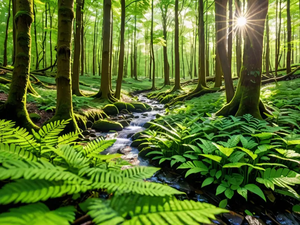 Un bosque exuberante, con luz solar filtrándose entre las hojas, creando patrones en el suelo