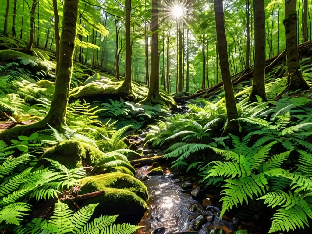 Un bosque exuberante con luz solar filtrándose entre las hojas, creando sombras moteadas en el sotobosque vibrante