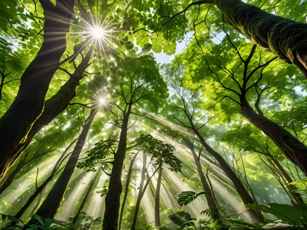 Un bosque exuberante con luz solar filtrándose entre las hojas, destacando la biodiversidad y el rol de certificados verdes en energías renovables