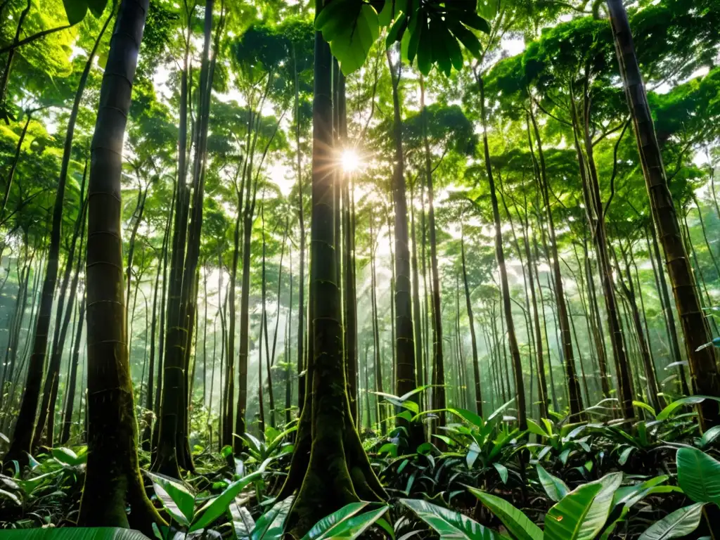 Un bosque exuberante en Asia, con luz solar filtrándose a través del dosel, resaltando la biodiversidad y la belleza natural de la región