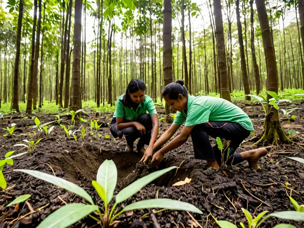 Un bosque exuberante con luz solar filtrándose a través del dosel, resaltando la exuberante vegetación y la biodiversidad