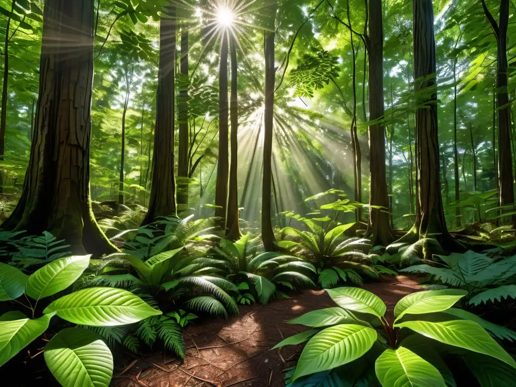 Bosque exuberante con luz solar entre el dosel, resaltando la vegetación vibrante y la diversa vida vegetal