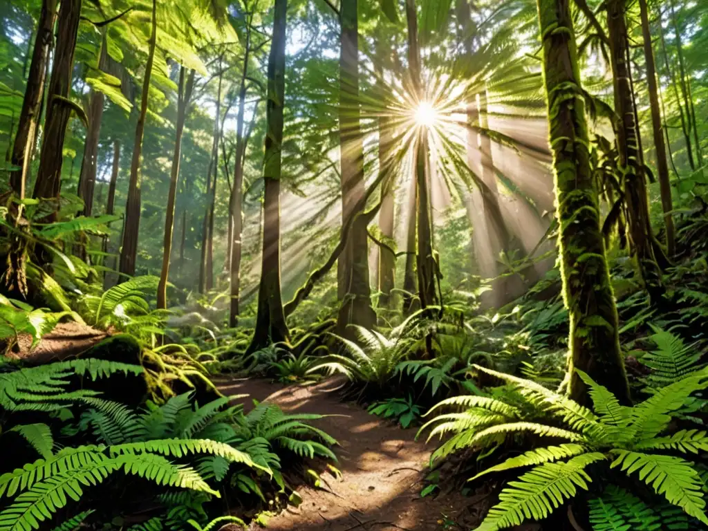 Un bosque exuberante y majestuoso, con árboles imponentes y una rica vegetación