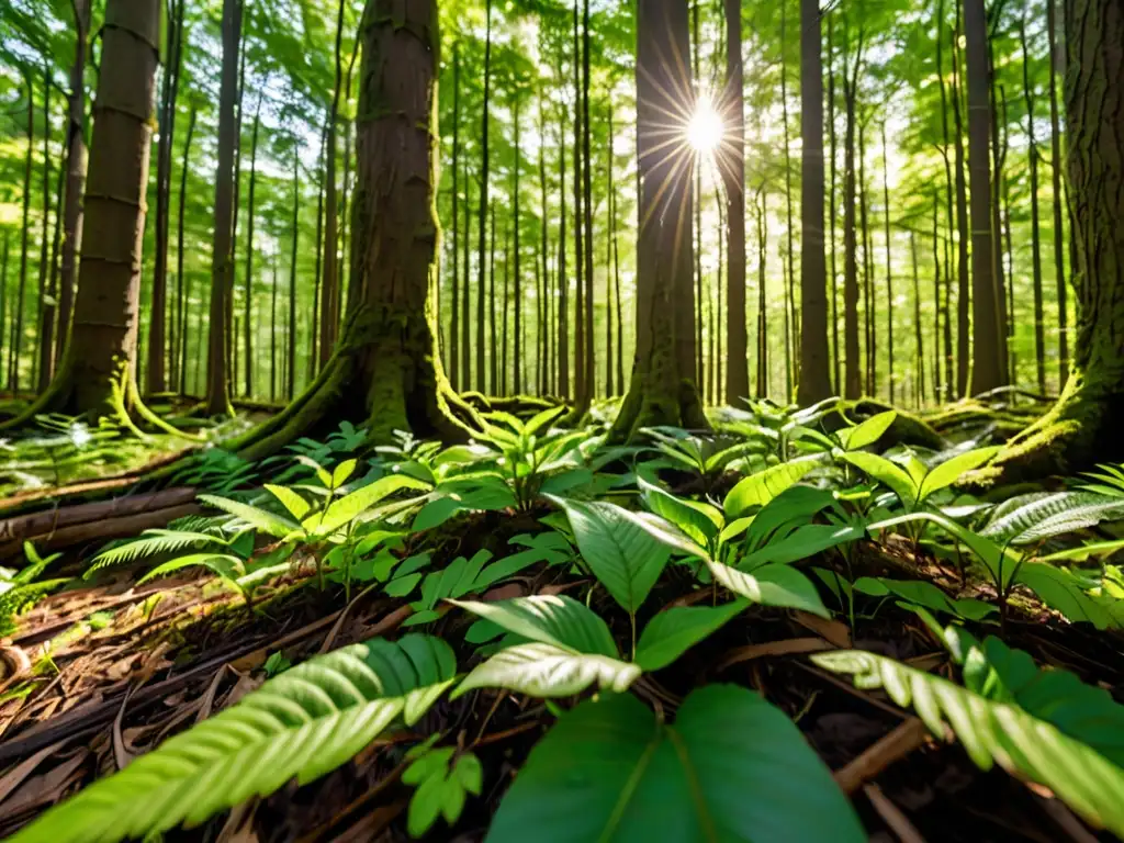 Un bosque exuberante con rayos de sol filtrándose entre las hojas, mostrando la biodiversidad