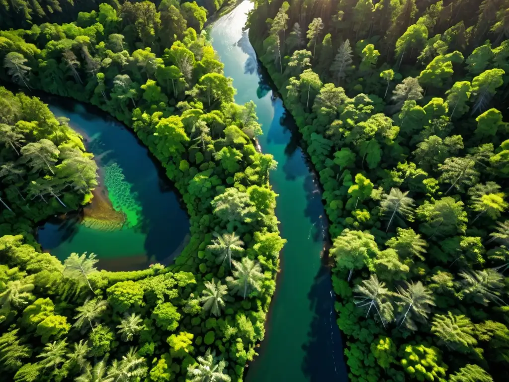 Un bosque exuberante con río y luz solar, resalta la importancia del cumplimiento ambiental y la ventaja competitiva