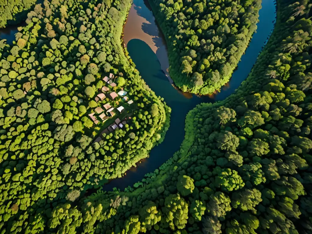 Un bosque exuberante con un río serpenteante, rayos de sol entre el dosel y aldeas indígenas