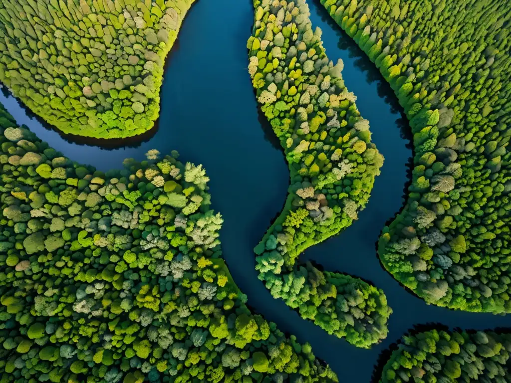 Un bosque exuberante con río serpenteante y luz filtrándose entre el dosel