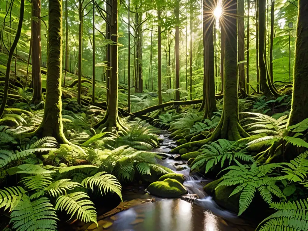 Un bosque exuberante y soleado con un arroyo serpenteante, reflejando la vegetación vibrante