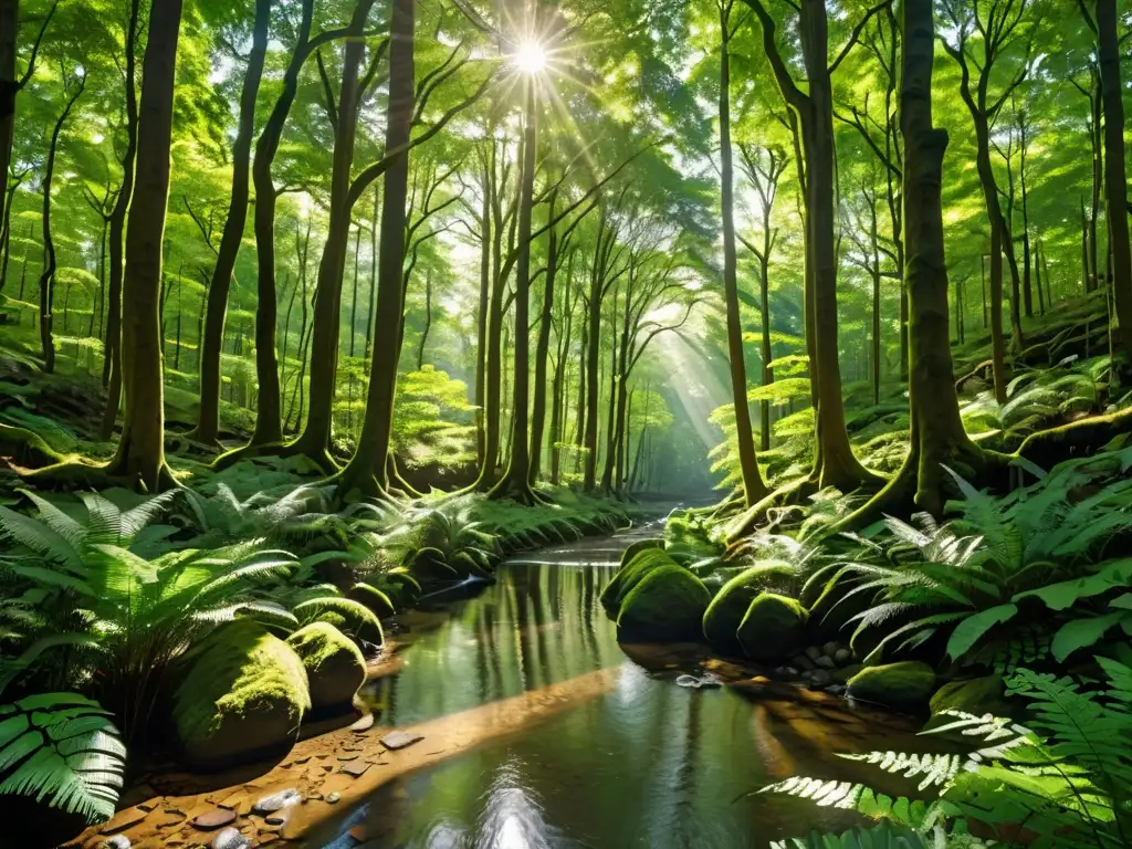 Un bosque exuberante y tranquilo con árboles majestuosos y un arroyo serpenteante