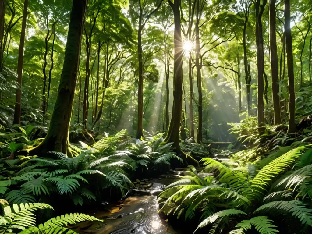 Un bosque exuberante y verde con árboles altos que se elevan hacia el cielo