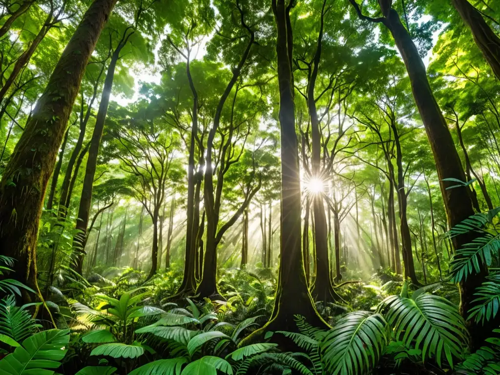 Un bosque exuberante y verde con luz solar filtrándose a través del dosel, resaltando la rica biodiversidad del ecosistema