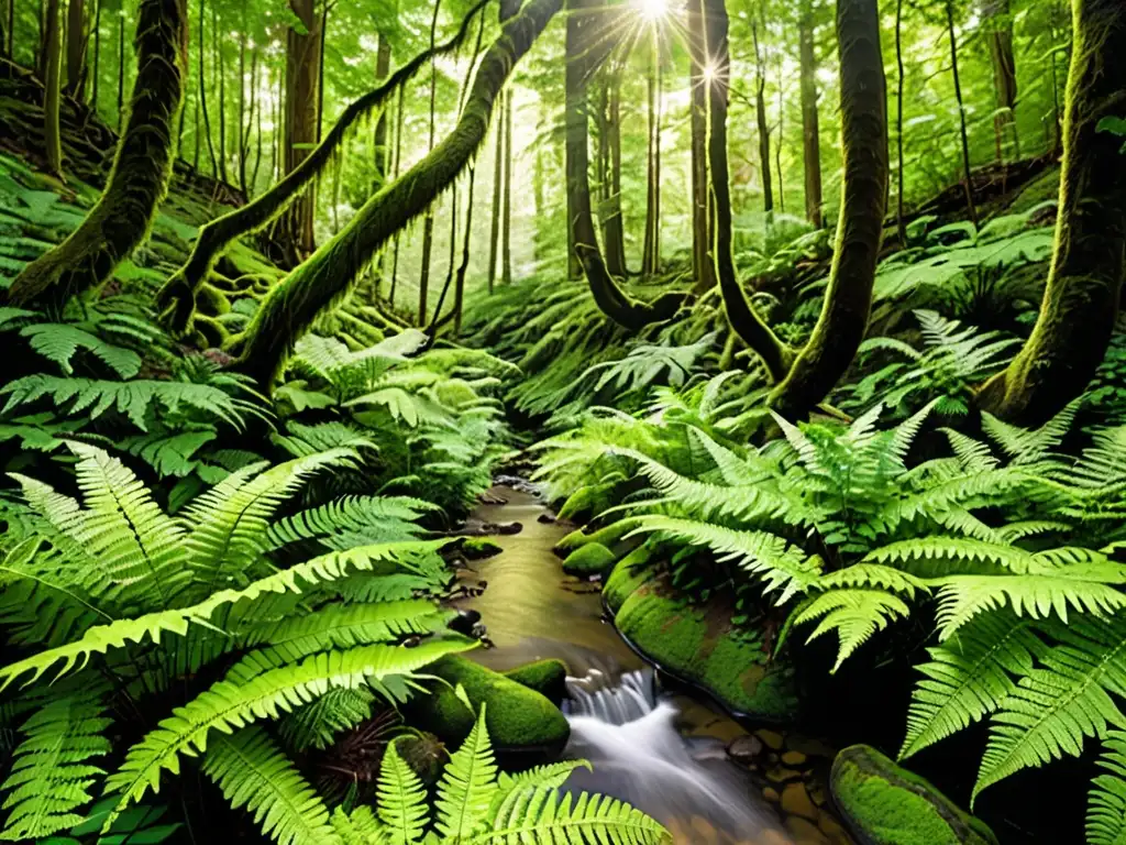 Un bosque exuberante y verdoso con luz solar filtrándose a través del dosel, iluminando un arroyo serpenteante