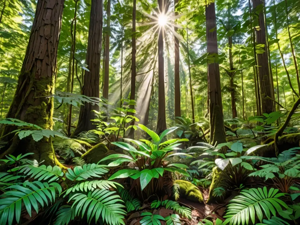 Un bosque exuberante y vibrante, con árboles imponentes y luz solar filtrándose