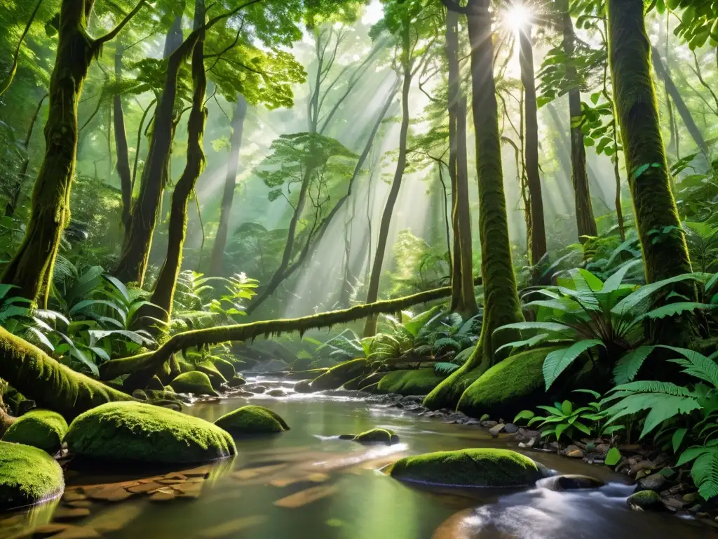 Un bosque exuberante y vibrante con árboles majestuosos, luz filtrándose entre el dosel, una suave neblina cubriendo la frondosa vegetación