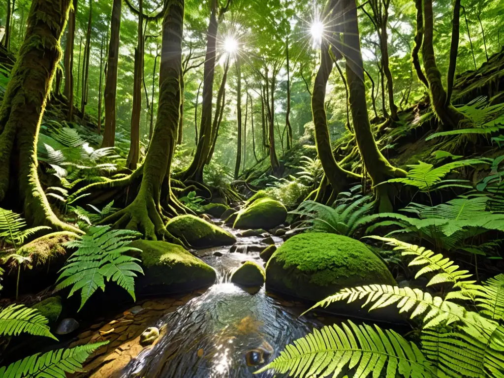 Un bosque exuberante y vibrante, con árboles majestuosos y vida abundante