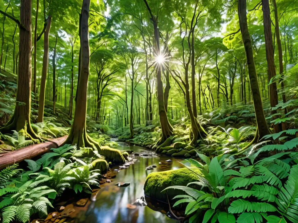 Bosque exuberante: Naturaleza inmersiva y serena Un bosque exuberante y vibrante con árboles majestuosos, vegetación abundante y luz solar filtrándose a través del dosel