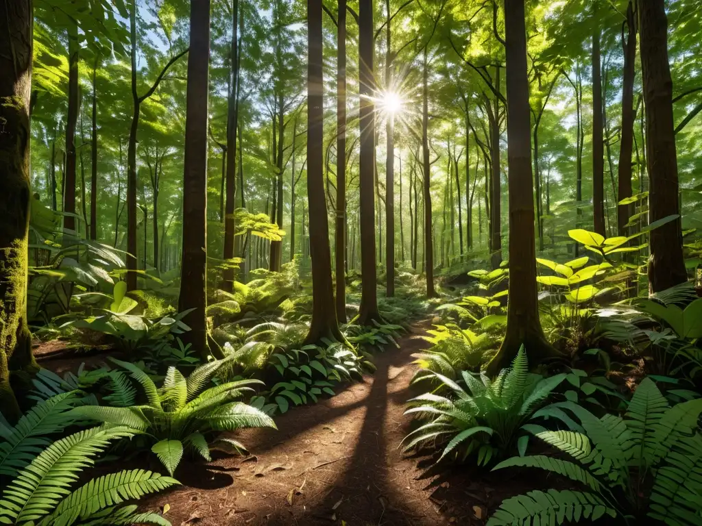 Un bosque exuberante y vibrante con luz solar filtrándose a través del dosel, creando sombras moteadas en el suelo