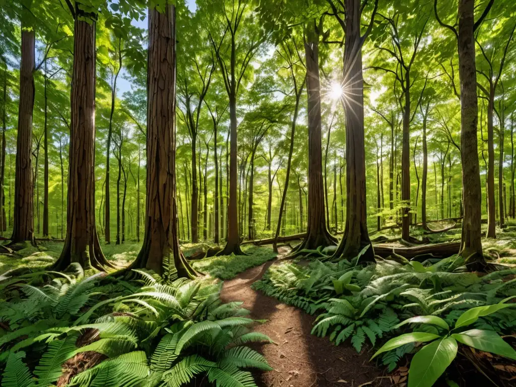 Un bosque exuberante y vibrante, con luz solar filtrándose entre el dosel y creando sombras en el suelo del bosque