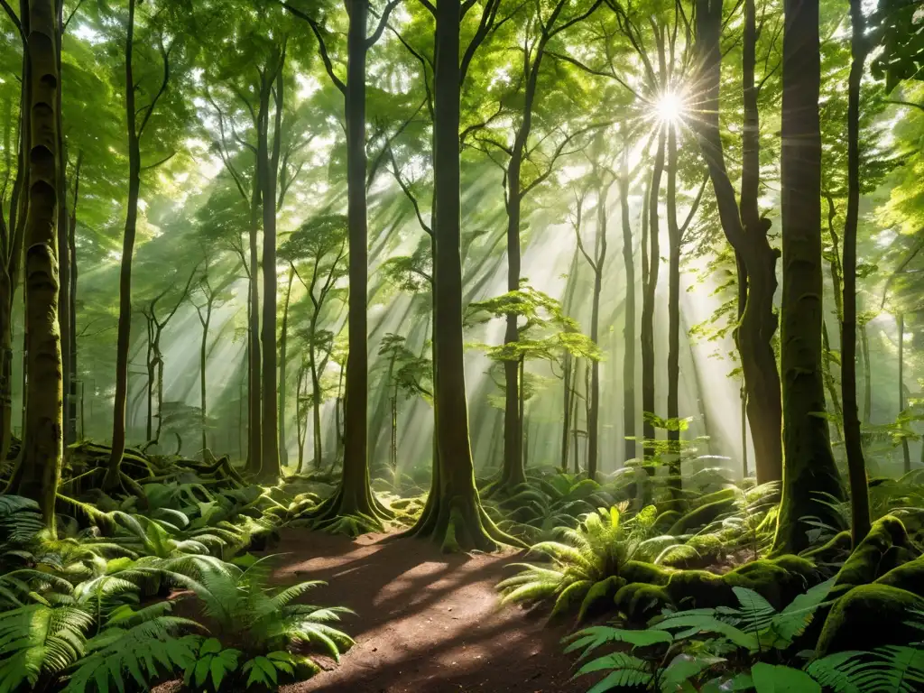 Un bosque exuberante y vibrante, con luz solar filtrándose a través del dosel, creando sombras moteadas en el suelo