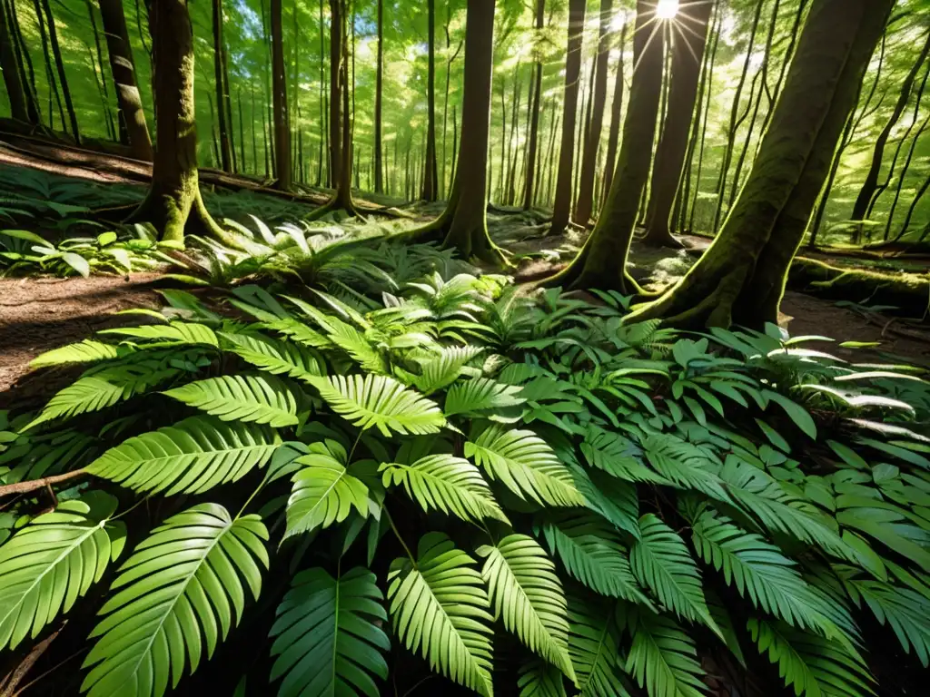 Un bosque exuberante y vibrante con luz solar filtrándose a través del dosel, resaltando la diversa vegetación y creando patrones moteados en el suelo