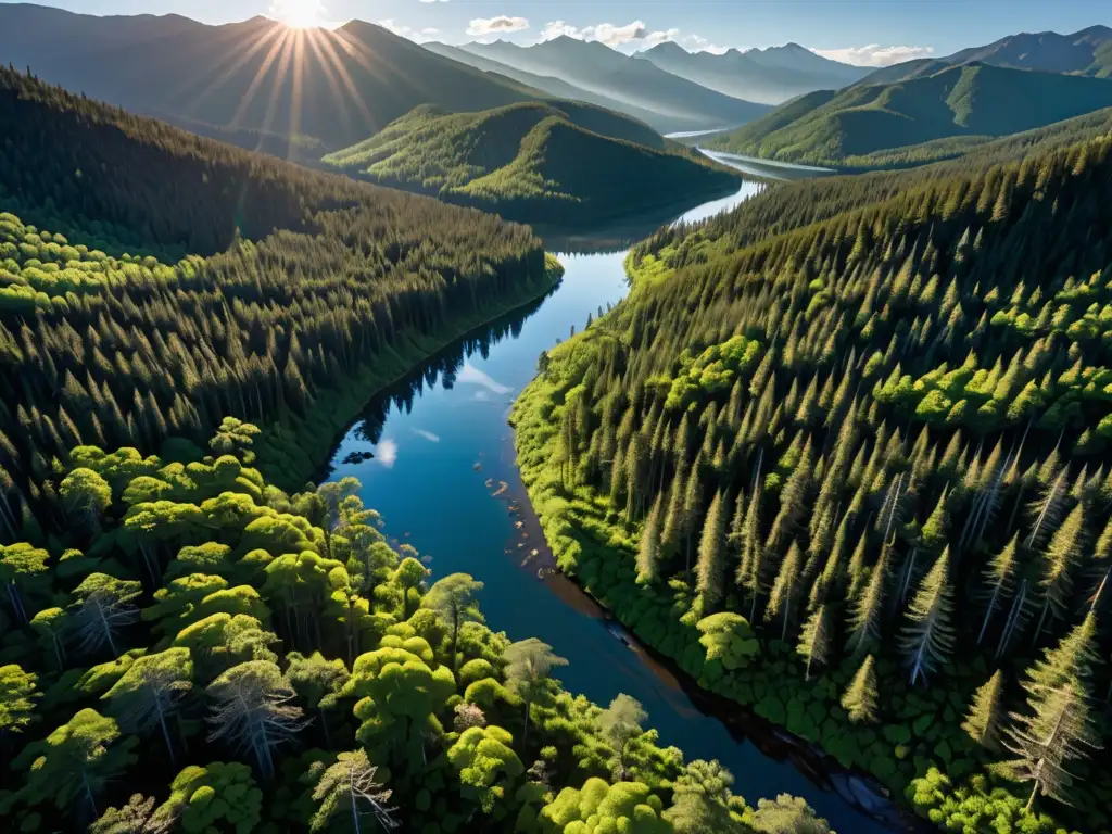 Un bosque exuberante y vibrante, con río y montañas al fondo