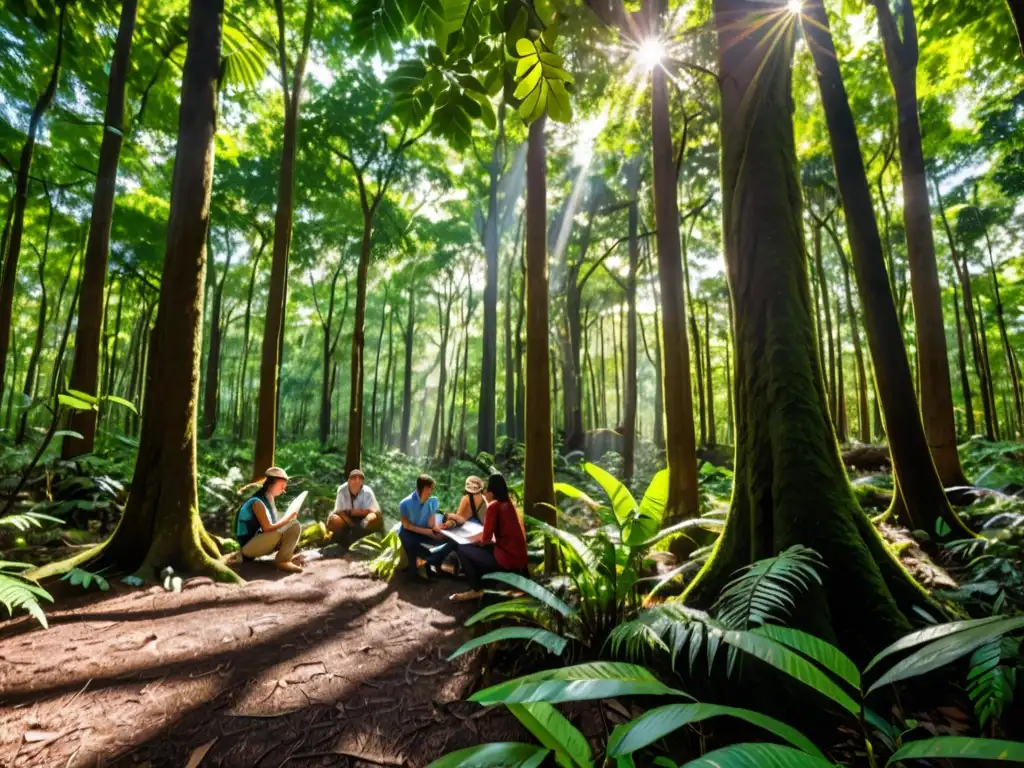 Un bosque exuberante con vida silvestre diversa y abogados ambientales discutiendo estrategias de conservación