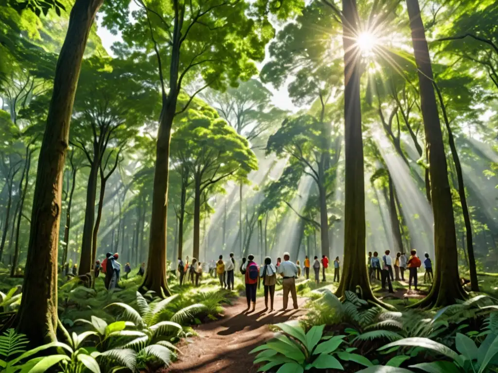 Un bosque exuberante con vida silvestre y personas colaborando por la importancia del derecho ambiental en conservación