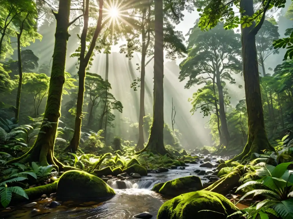 Un bosque inmenso e intocado con árboles imponentes, exuberante vegetación y vida silvestre diversa