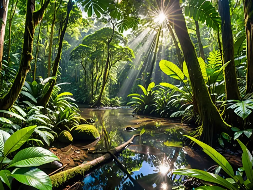 Un bosque lluvioso exuberante y biodiverso con árboles imponentes, follaje vibrante y vida silvestre