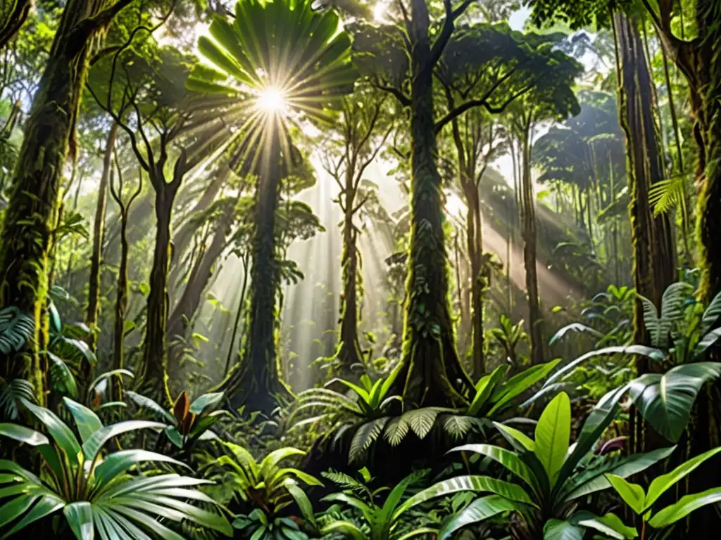 Un bosque lluvioso exuberante y biodiverso, con árboles majestuosos que se elevan hacia el cielo y una vibrante variedad de vida vegetal y animal