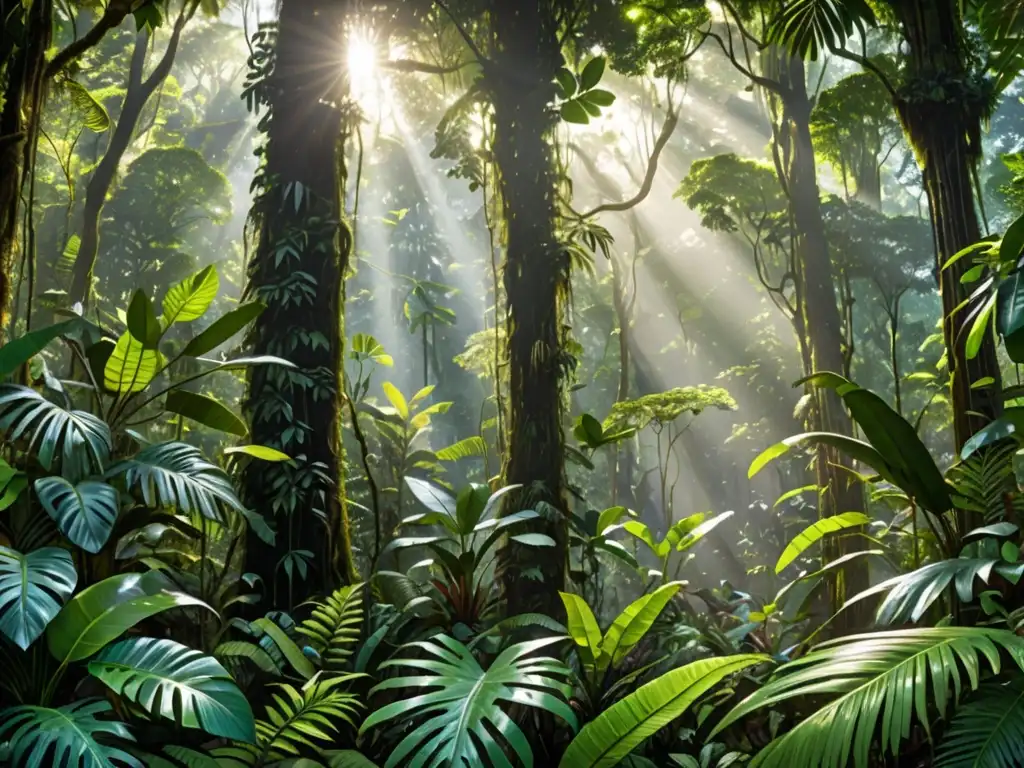 Un bosque lluvioso exuberante y denso, con follaje verde vibrante y árboles imponentes