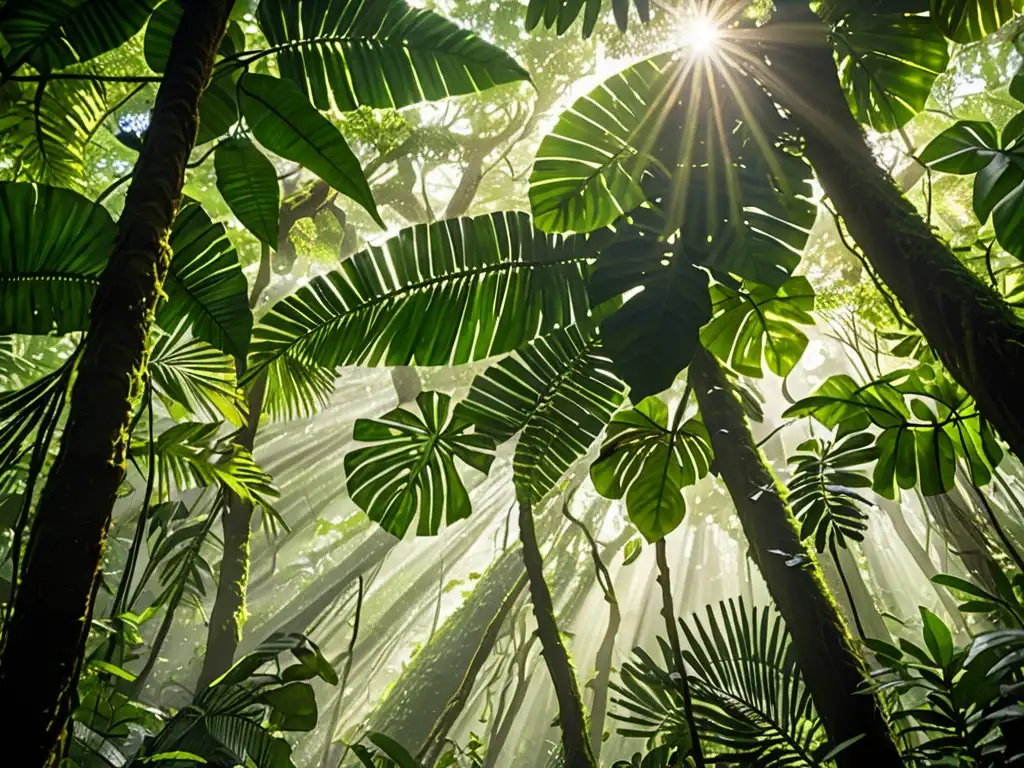 Un bosque lluvioso exuberante y frondoso con luz solar filtrándose a través del follaje, destacando la biodiversidad y belleza natural